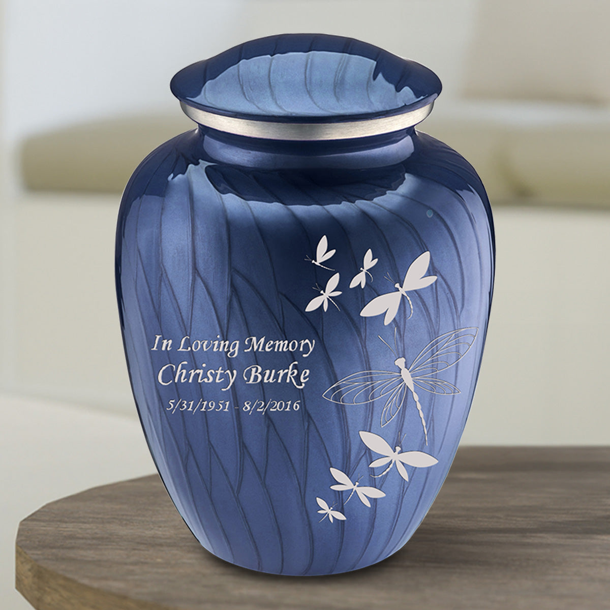 Medium Embrace Pearl Cobalt Blue Dragonflies Cremation Urn