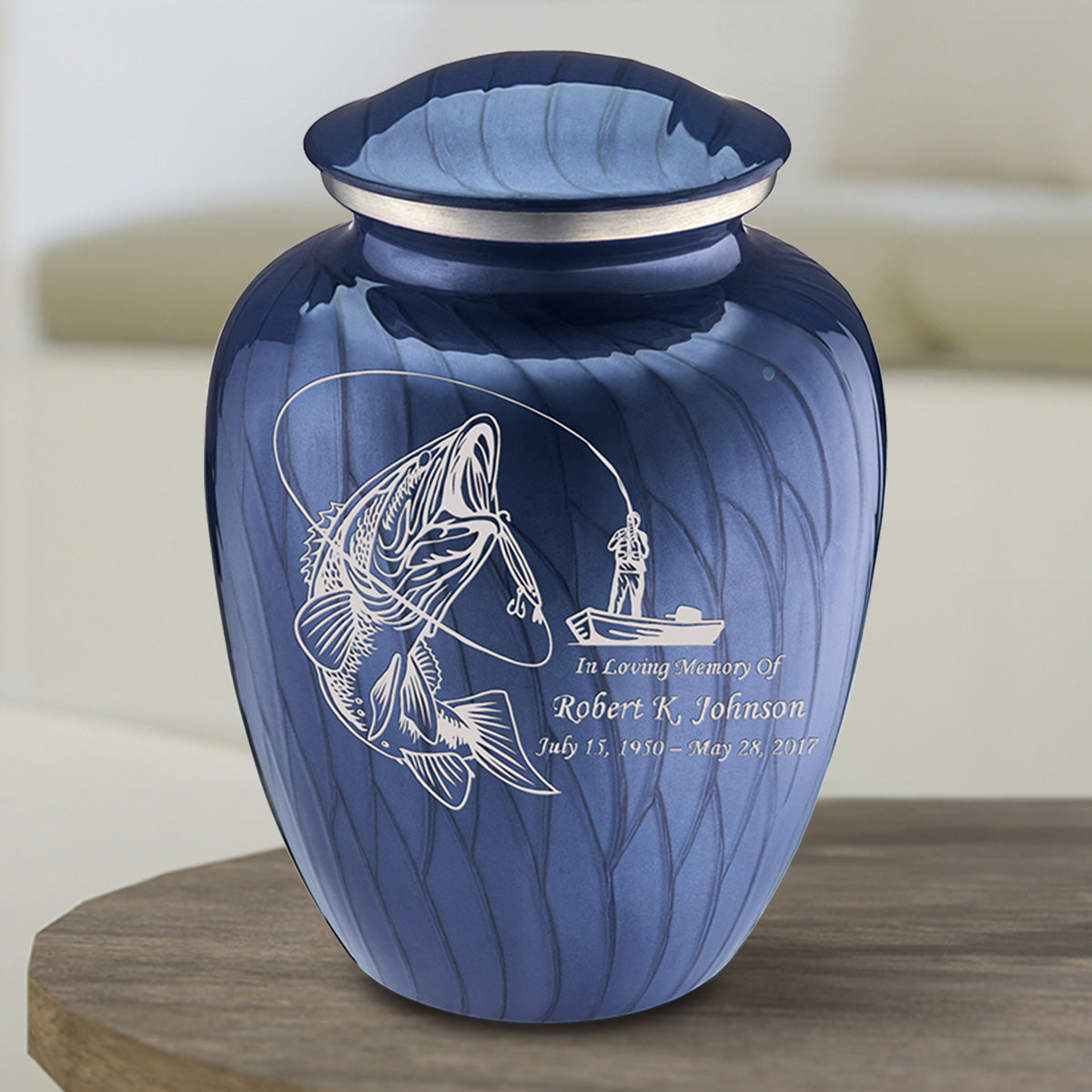 Medium Embrace Pearl Cobalt Blue Fishing Cremation Urn