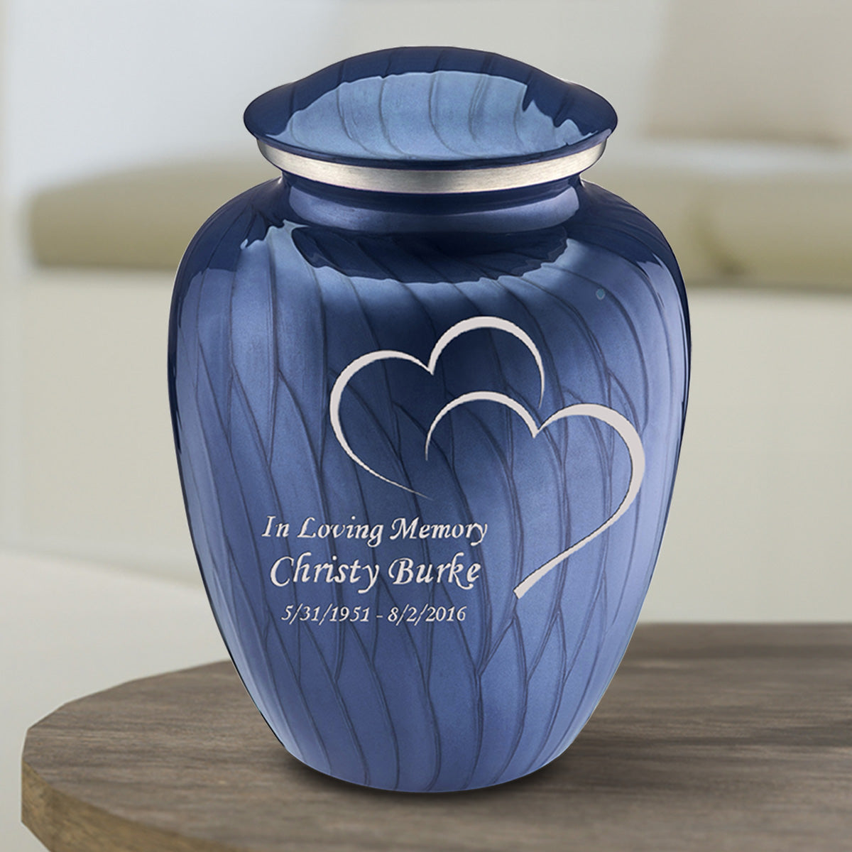 Medium Embrace Pearl Cobalt Blue Hearts Cremation Urn