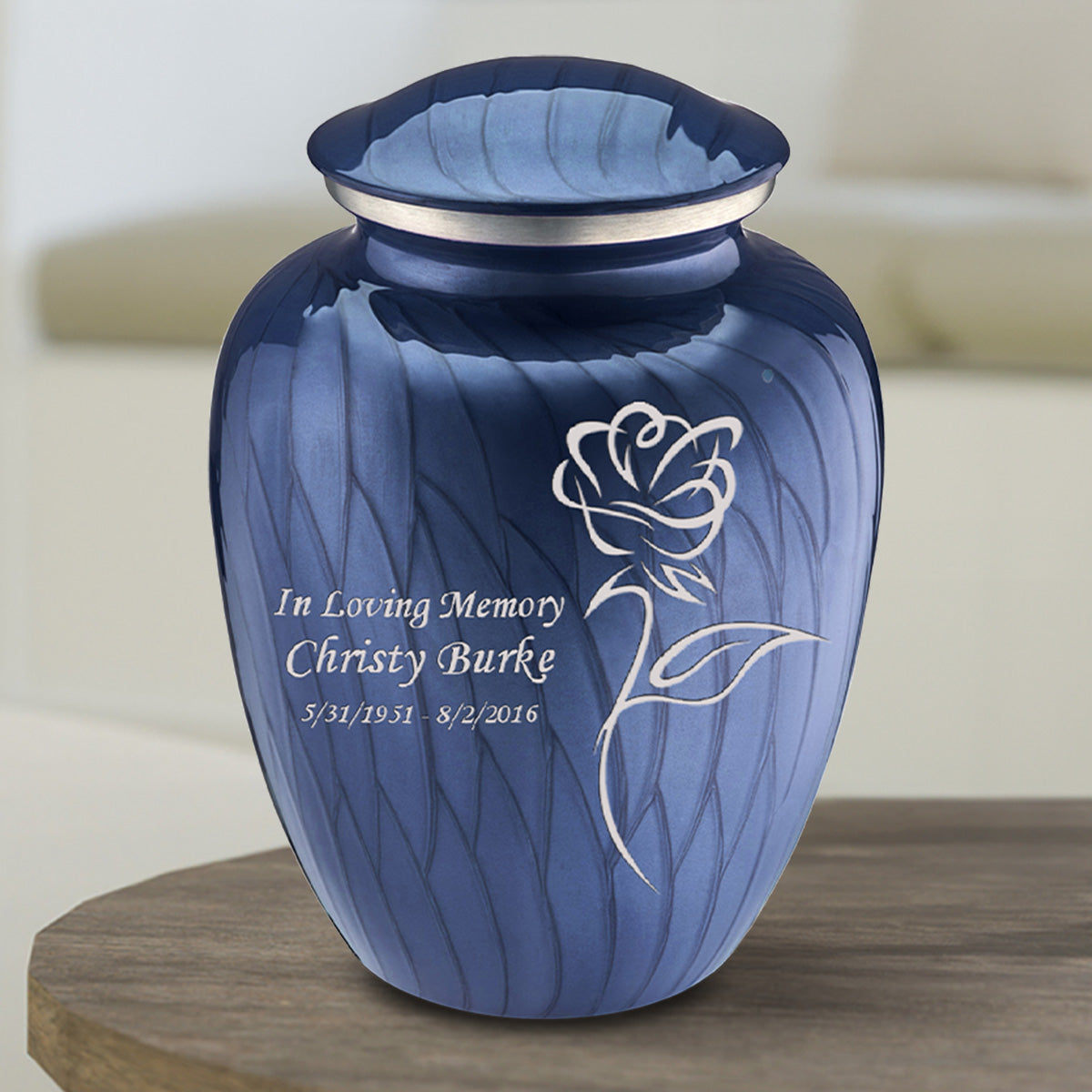 Medium Embrace Pearl Cobalt Blue Rose Cremation Urn