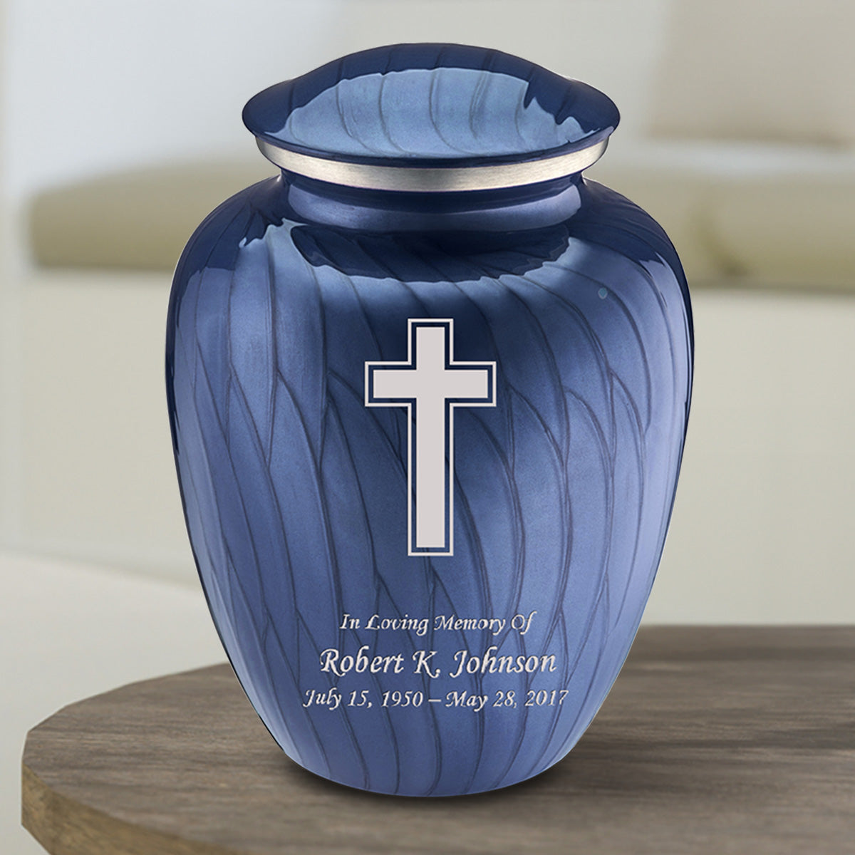 Medium Embrace Pearl Cobalt Blue Simple Cross Cremation Urn
