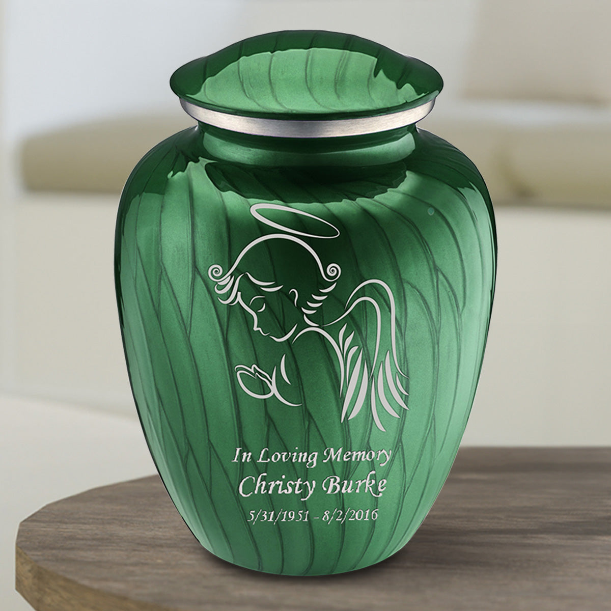Medium Embrace Pearl Green Angel Cremation Urn