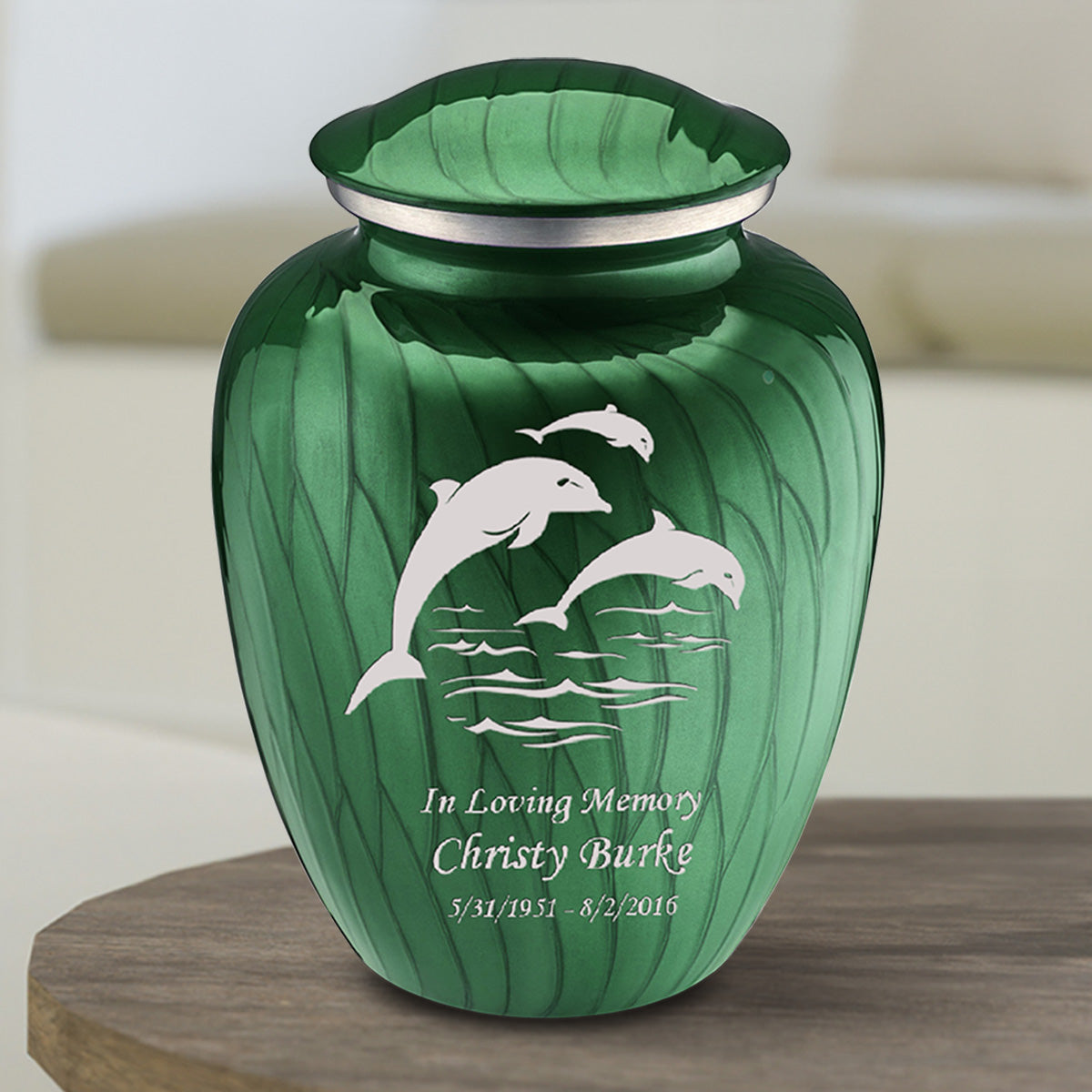 Medium Embrace Pearl Green Dolphin Cremation Urn