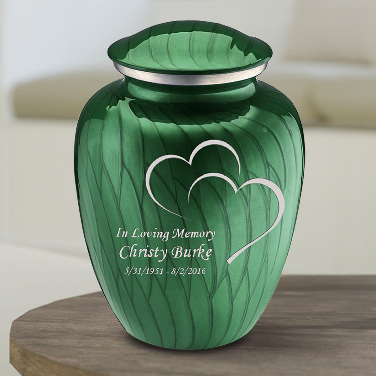 Medium Embrace Pearl Green Hearts Cremation Urn