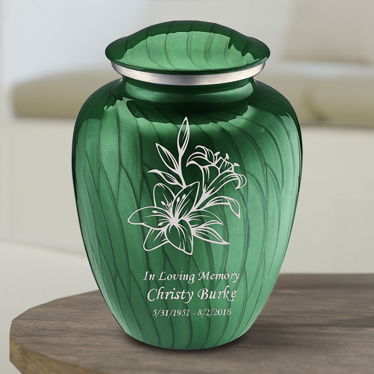 Medium Embrace Pearl Green Lily Cremation Urn