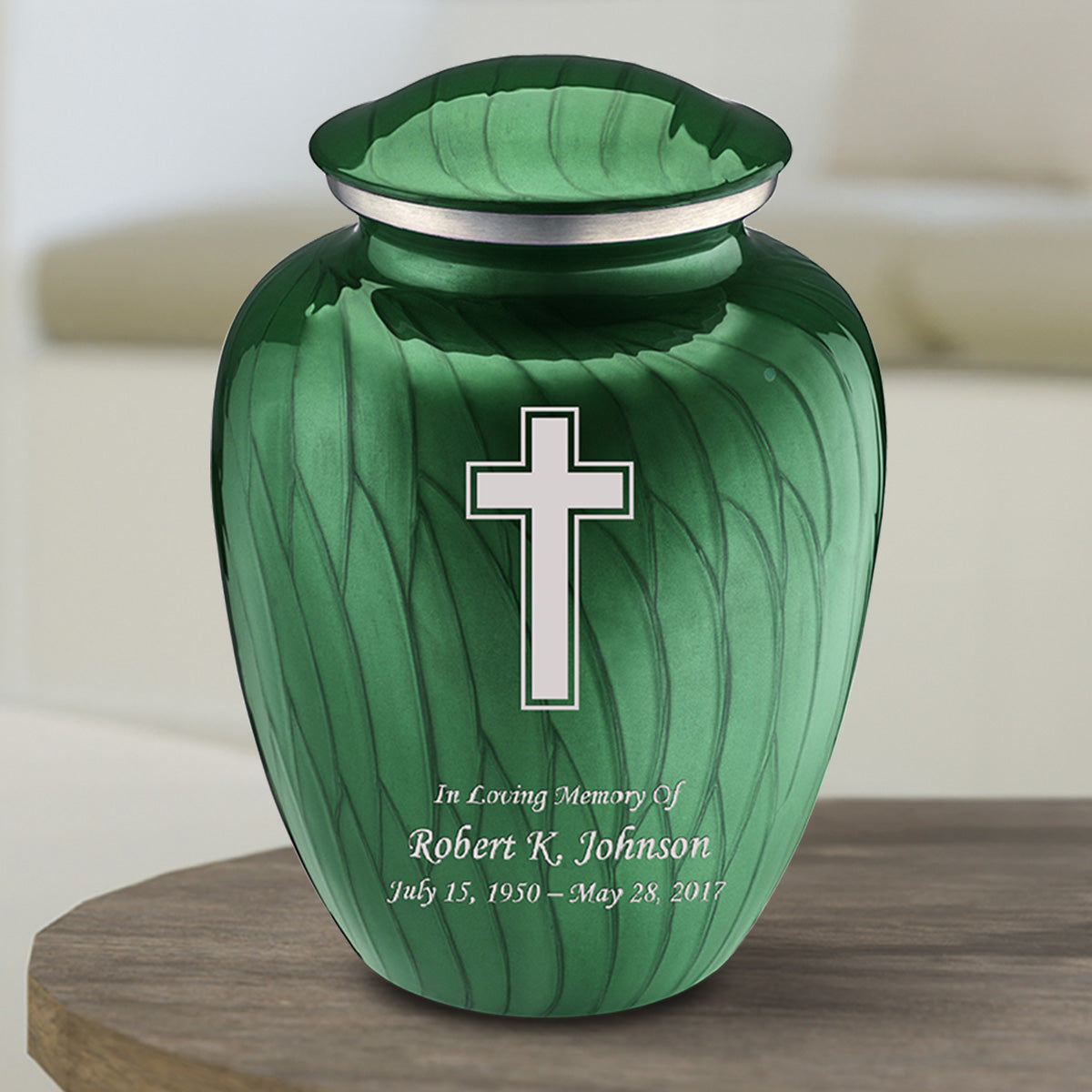 Medium Embrace Pearl Green Simple Cross Cremation Urn
