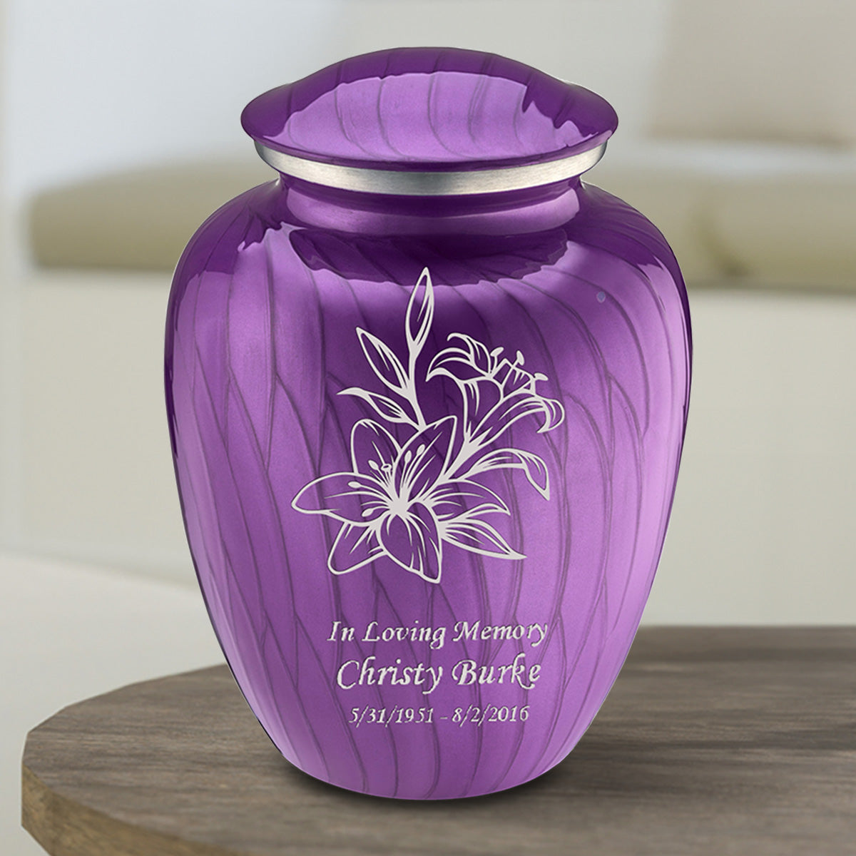 Medium Embrace Pearl Purple Lily Cremation Urn