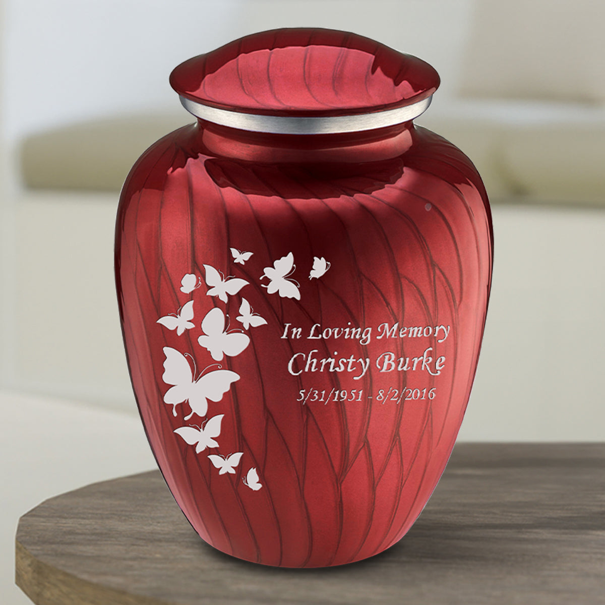 Medium Embrace Pearl Candy Red Butterfly Cremation Urn