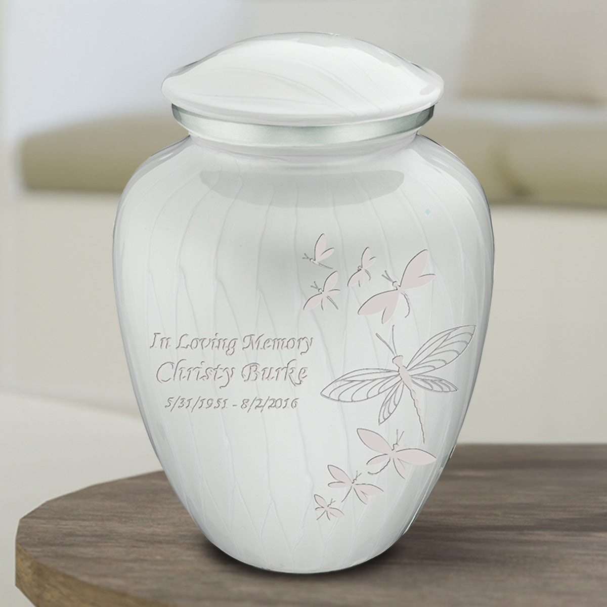 Medium Embrace Pearl White Dragonflies Cremation Urn