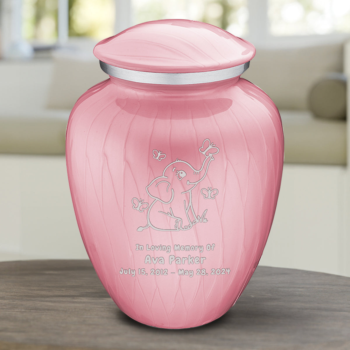 Medium Embrace Pearl Light Pink Elephant Butterflies Cremation Urn