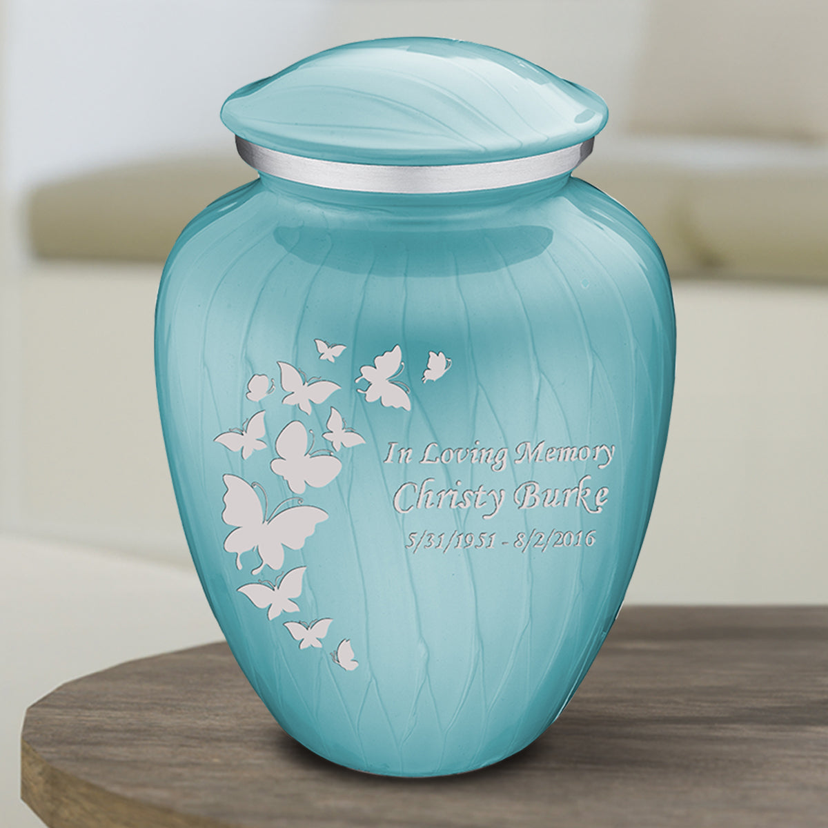 Medium Embrace Pearl Light Blue Butterfly Cremation Urn