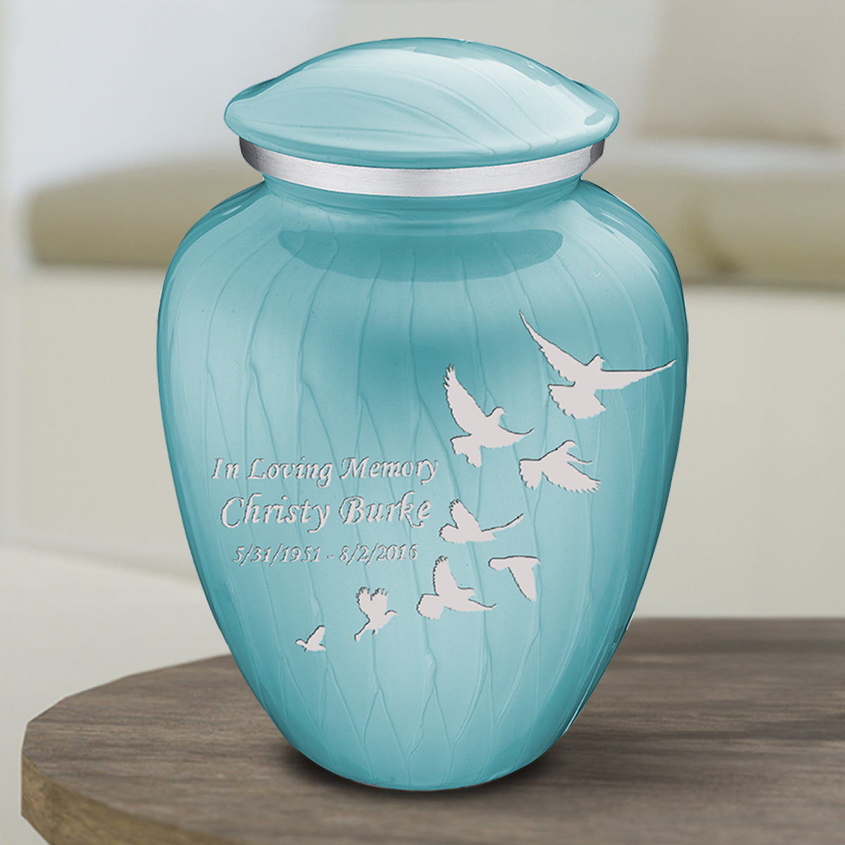 Medium Embrace Pearl Light Blue Doves Cremation Urn