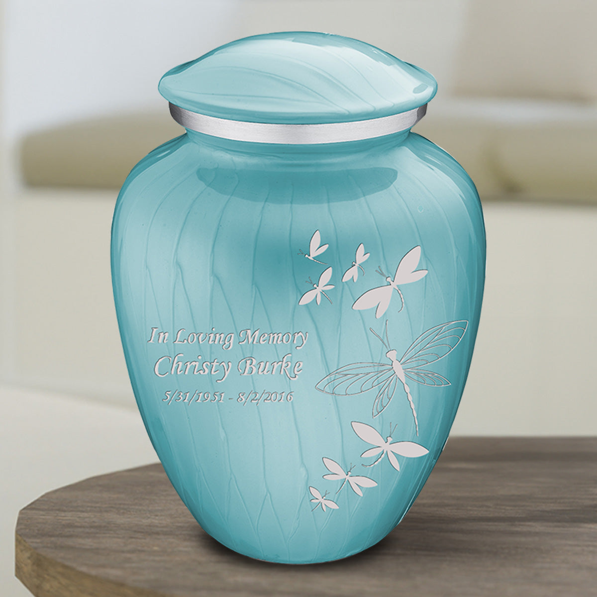 Medium Embrace Pearl Light Blue Dragonflies Cremation Urn