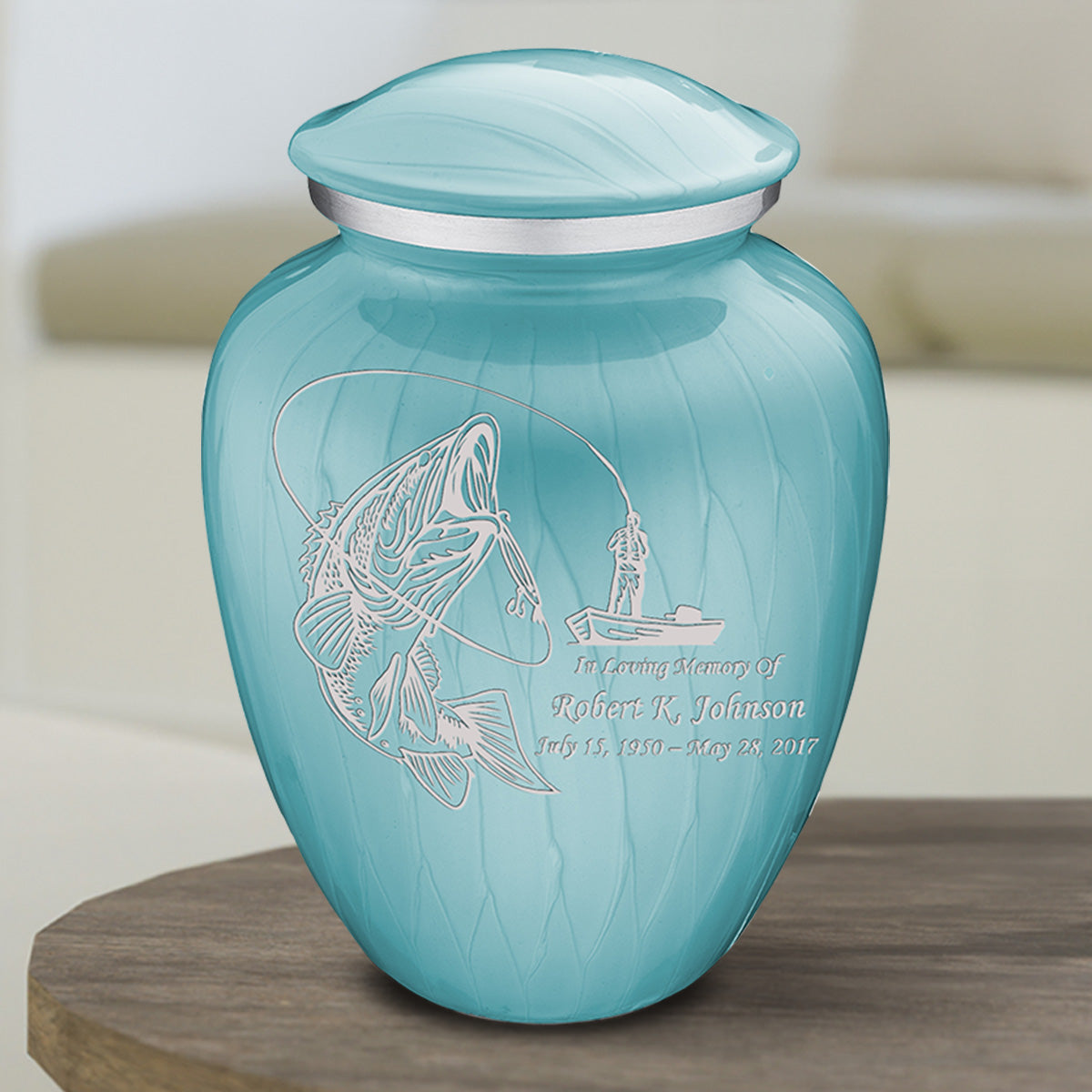 Medium Embrace Pearl Light Blue Fishing Cremation Urn