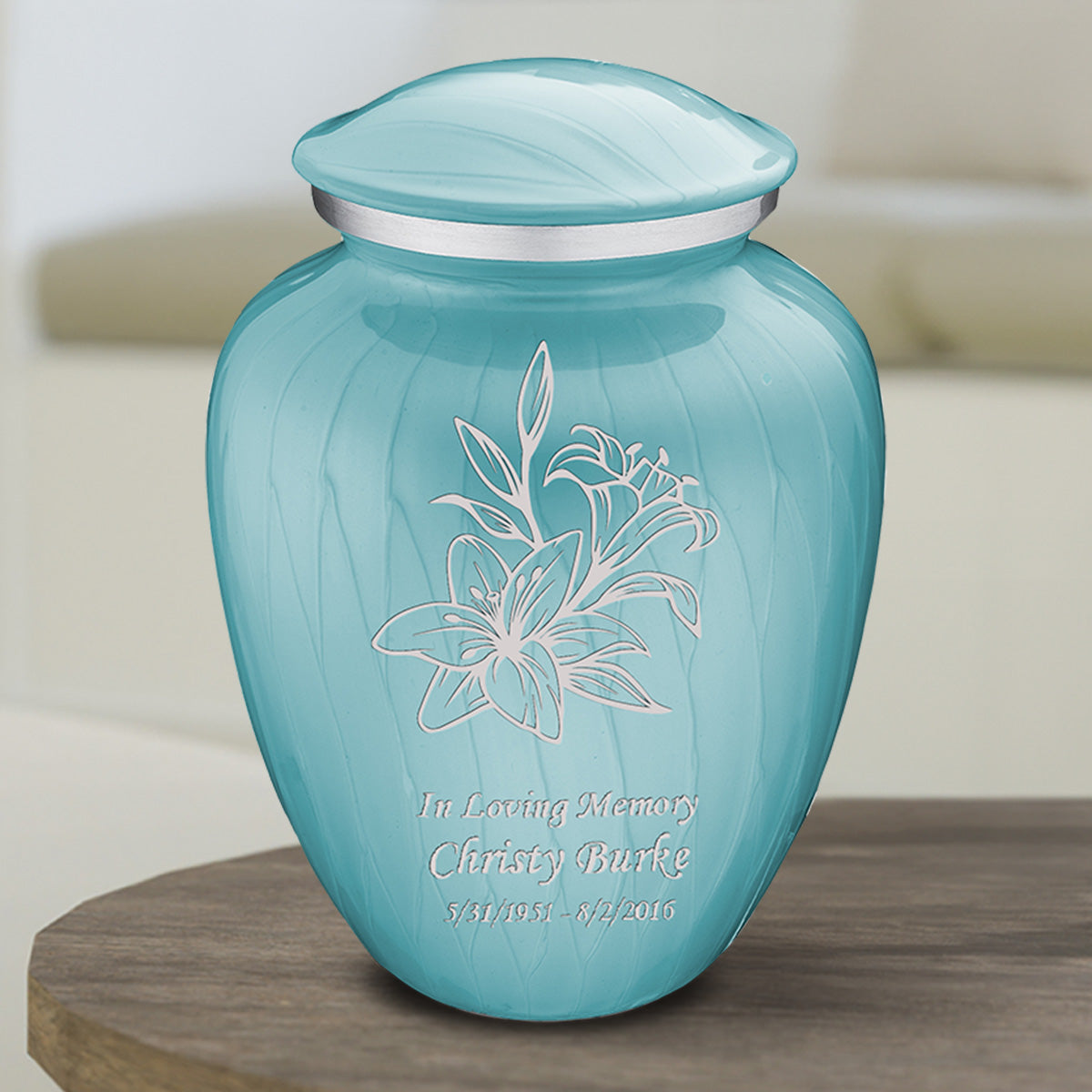 Medium Embrace Pearl Light Blue Lily Cremation Urn