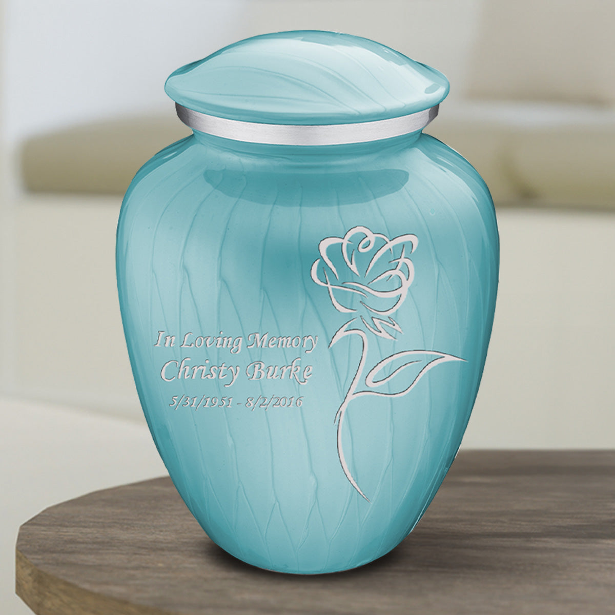 Medium Embrace Pearl Light Blue Rose Cremation Urn