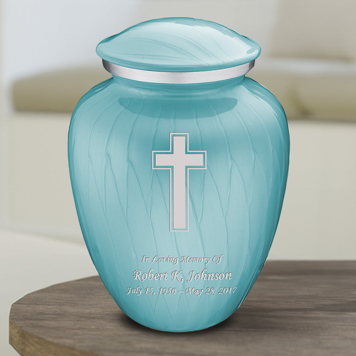 Medium Embrace Pearl Light Blue Simple Cross Cremation Urn