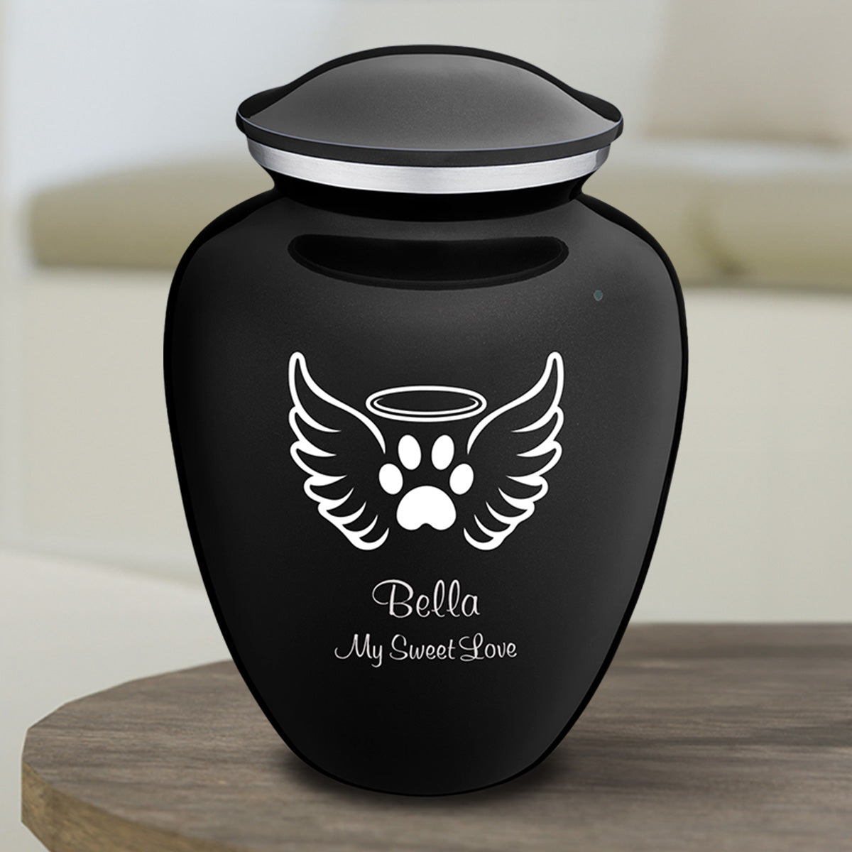 Medium Embrace Black Pet Angel Wings Cremation Urn