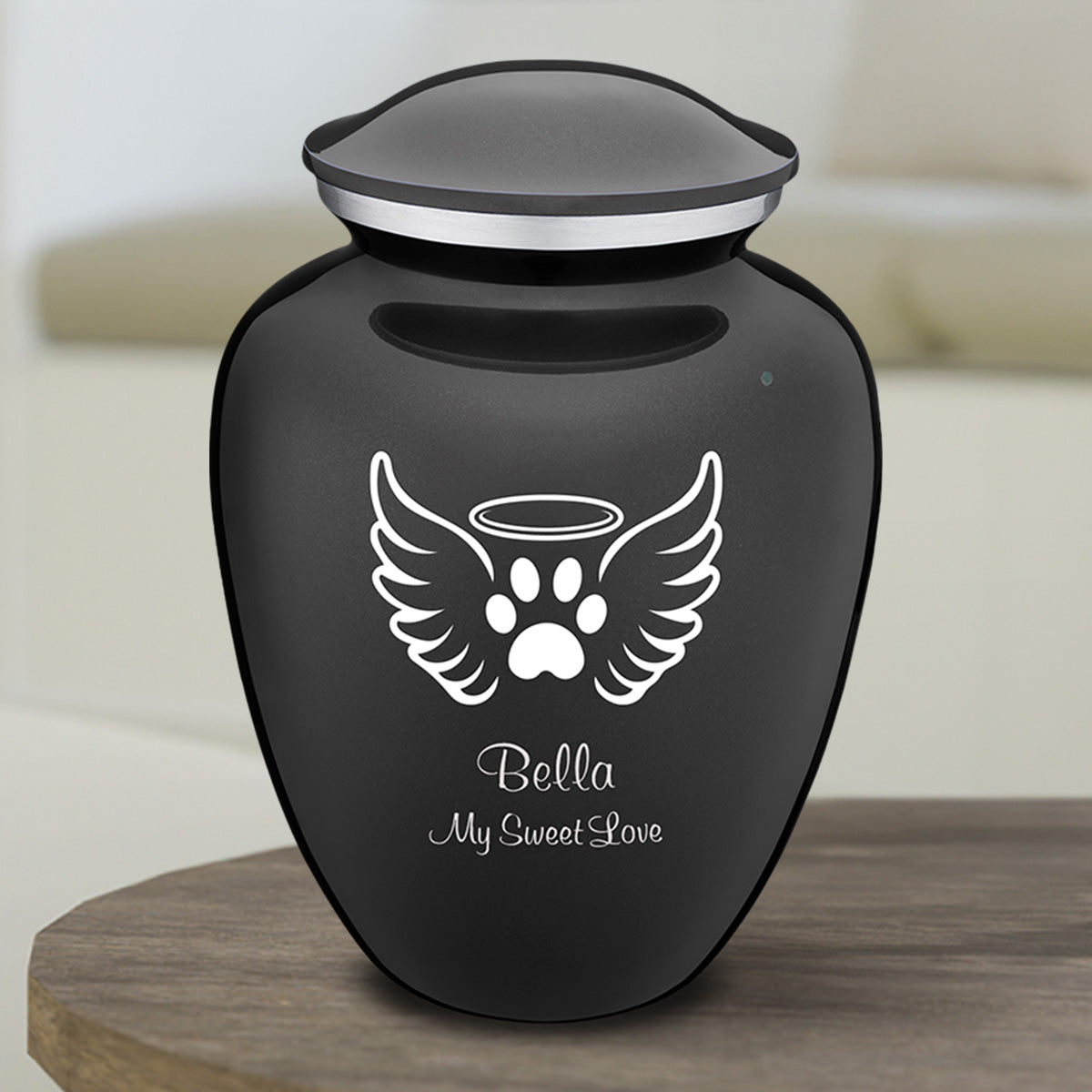 Medium Embrace Charcoal Black Pet Angel Wings Cremation Urn