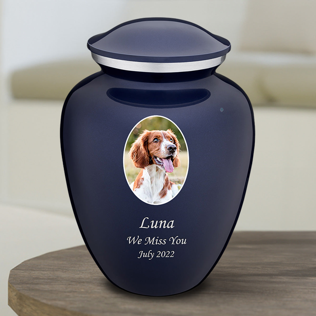 Medium Pet Embrace Cobalt Blue Portrait Cremation Urn