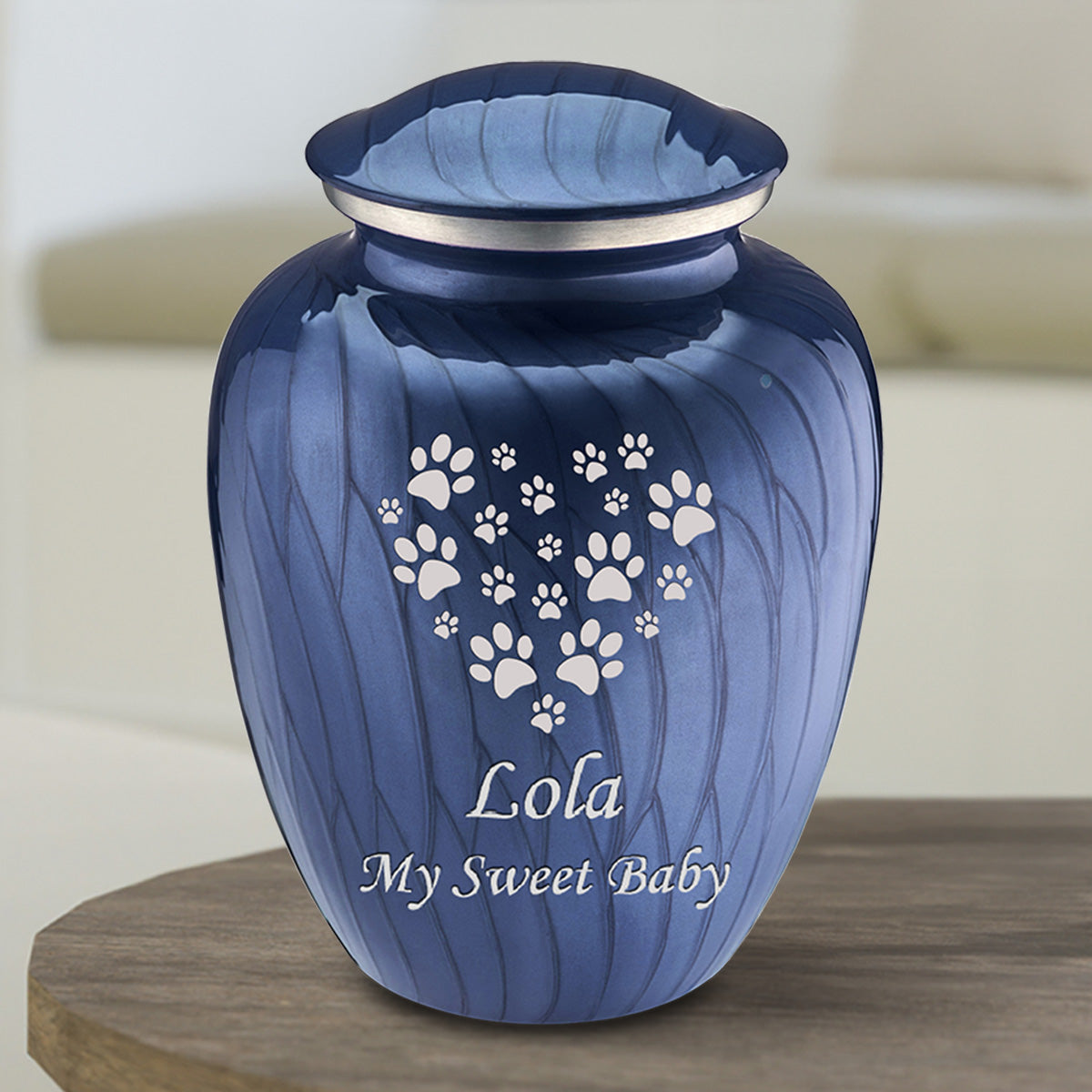 Medium Embrace Pearl Cobalt Blue Heart Paws Pet Cremation Urn