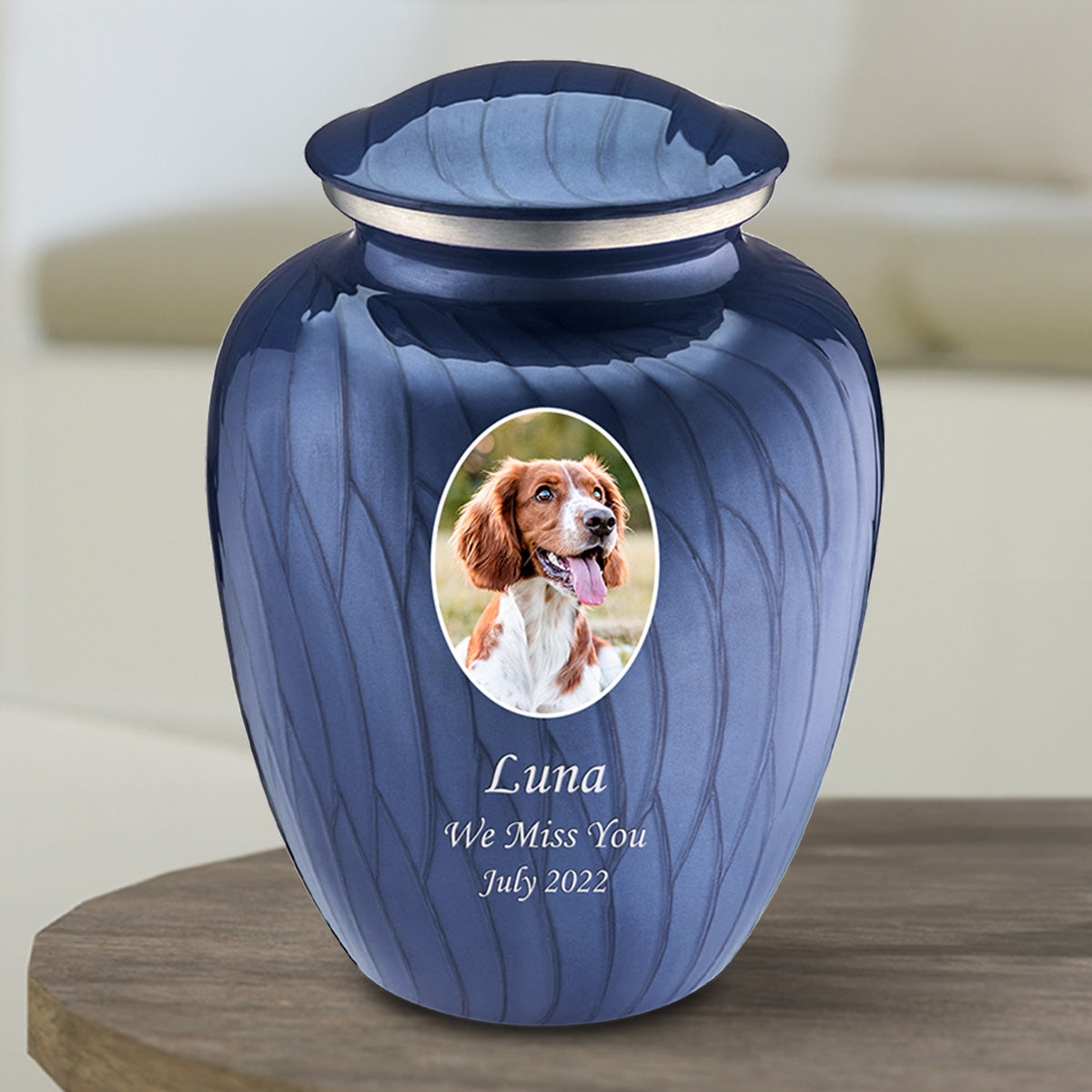 Medium Pet Embrace Pearl Cobalt Blue Portrait Cremation Urn