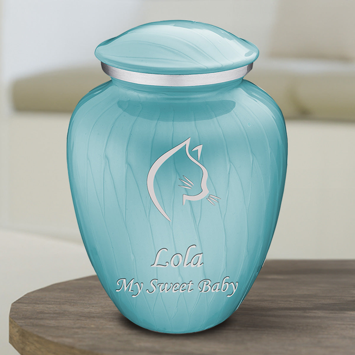 Medium Embrace Pearl Light Blue Cat Pet Cremation Urn