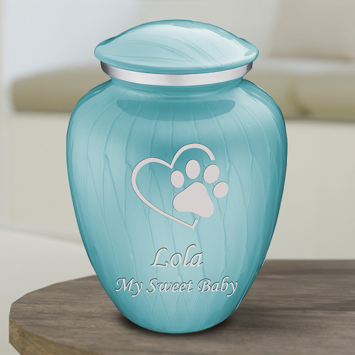 Medium Embrace Pearl Light Blue Single Paw Heart Pet Cremation Urn