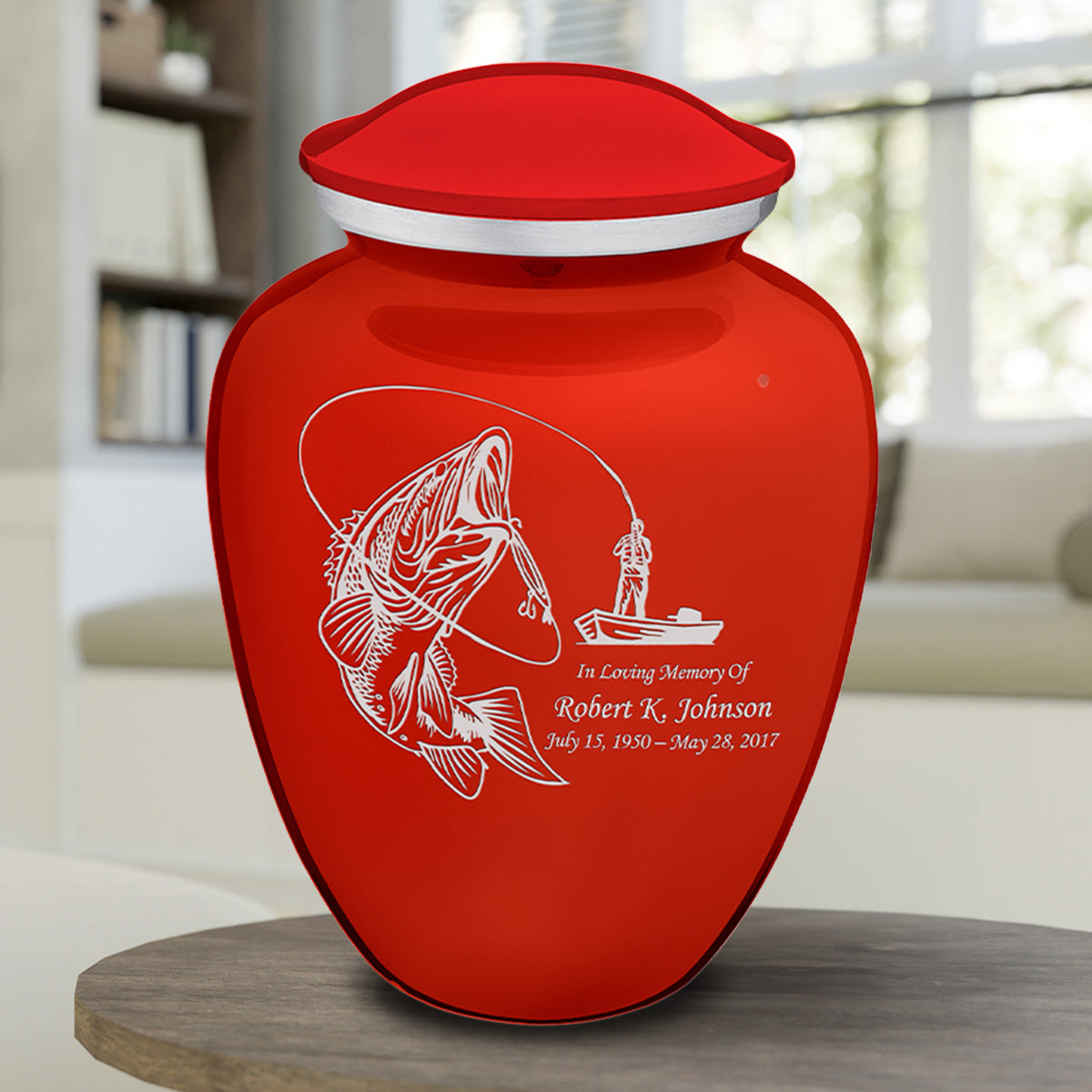 Extra Large Embrace Bright Red Fishing Cremation Urn for Ashes
