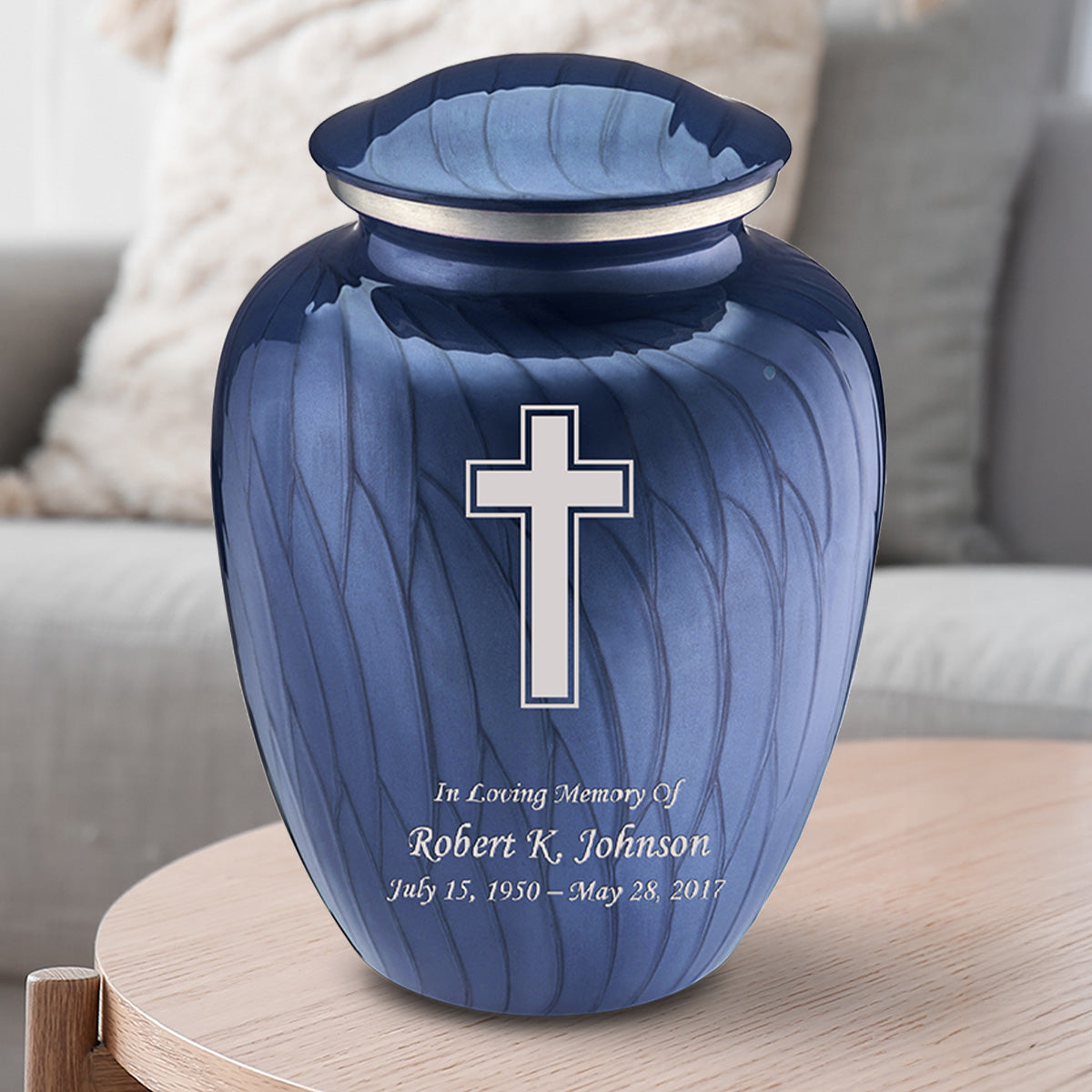 Adult Embrace Pearl Cobalt Blue Simple Cross Cremation Urn