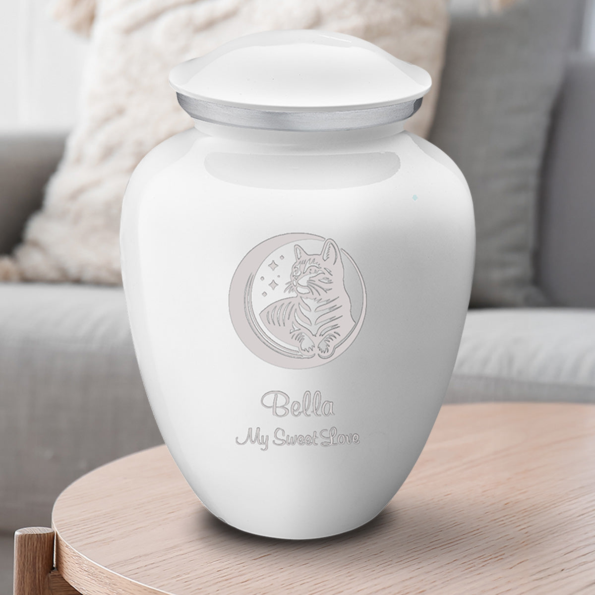 Large Embrace White  Pet Cute Cat Cremation Urn