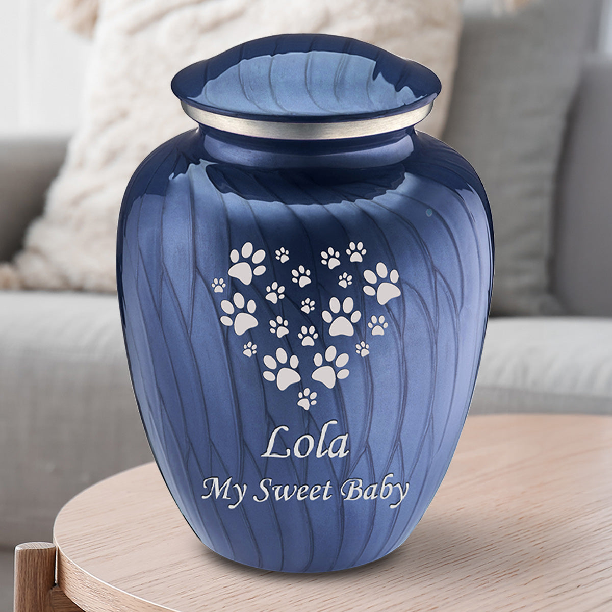 Large Embrace Pearl Cobalt Blue Heart Paws Pet Cremation Urn
