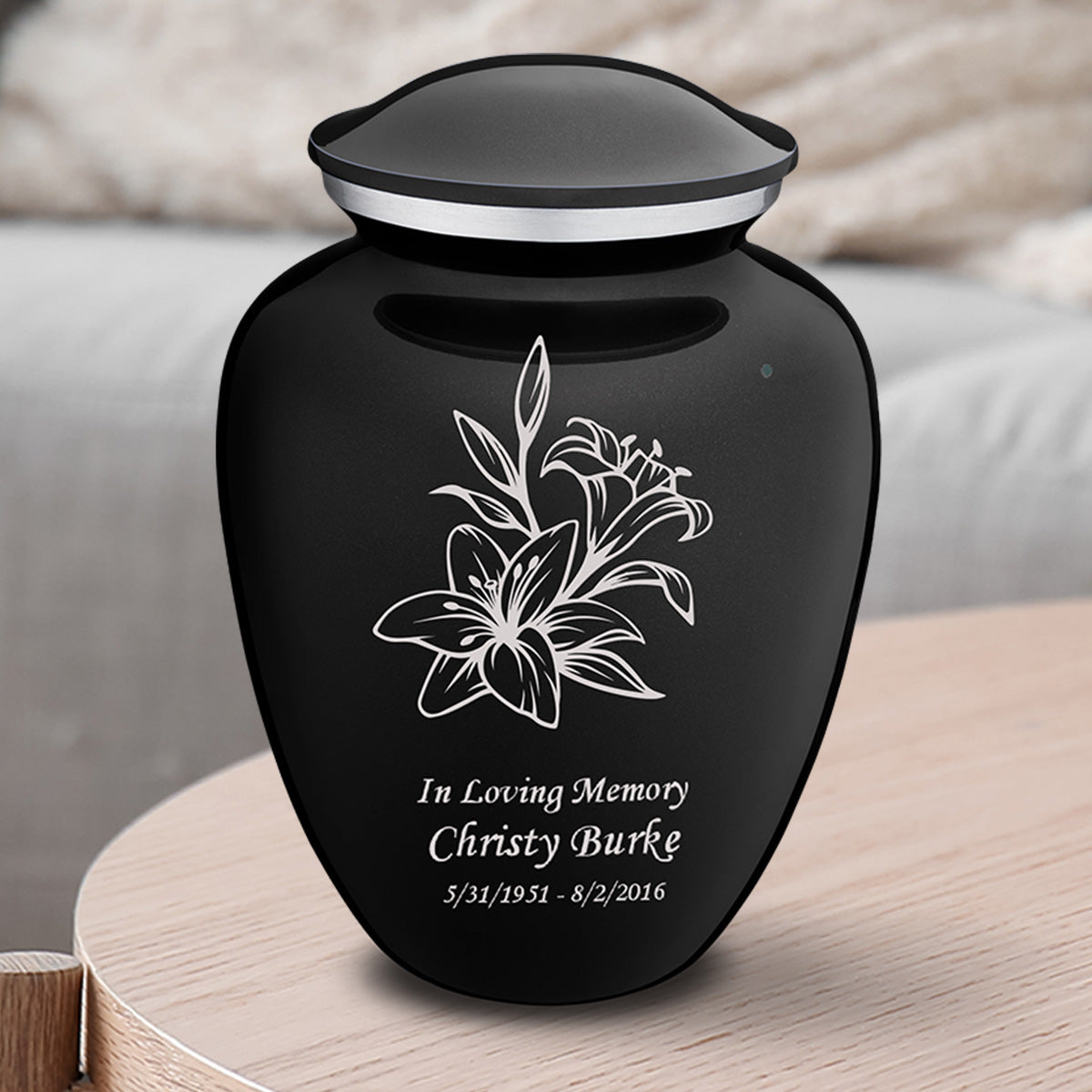 Medium Embrace Black Lily Cremation Urn