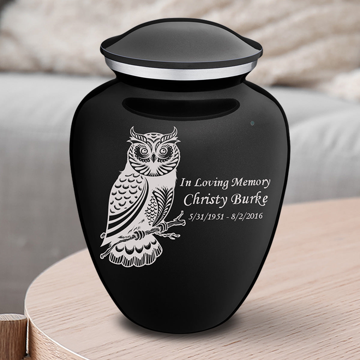 Medium Embrace Black Owl Cremation Urn