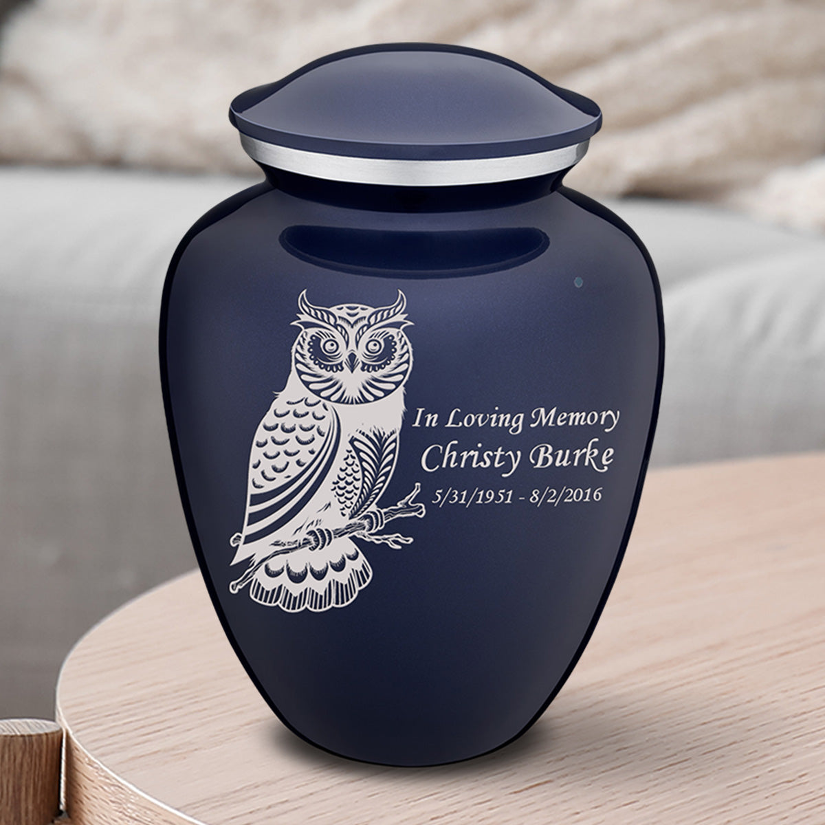 Medium Embrace Cobalt Blue Owl Cremation Urn