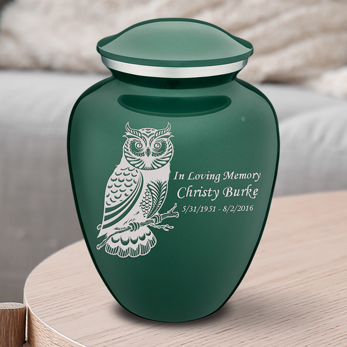 Medium Embrace Green Owl Cremation Urn