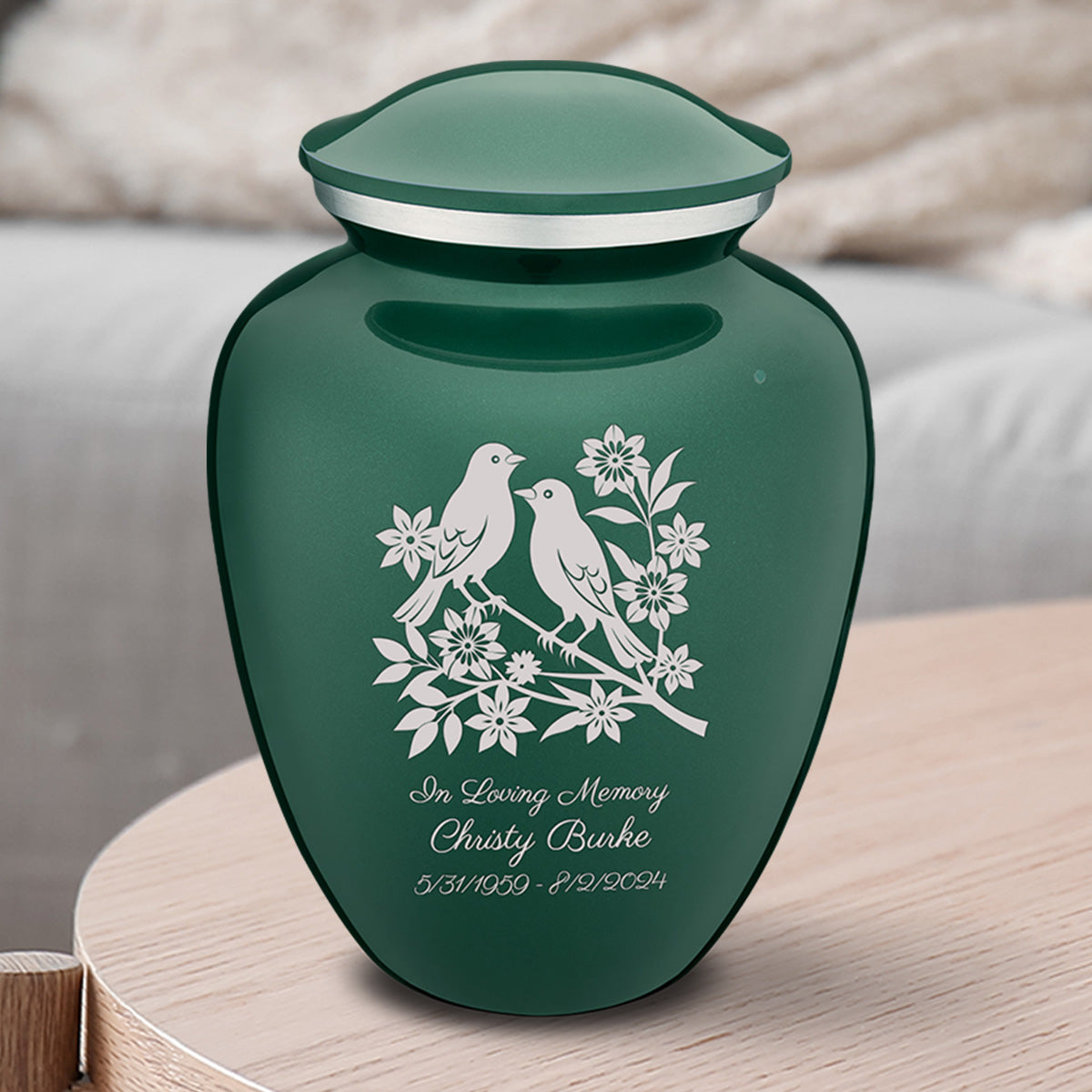 Medium Embrace Green Songbirds Cremation Urn