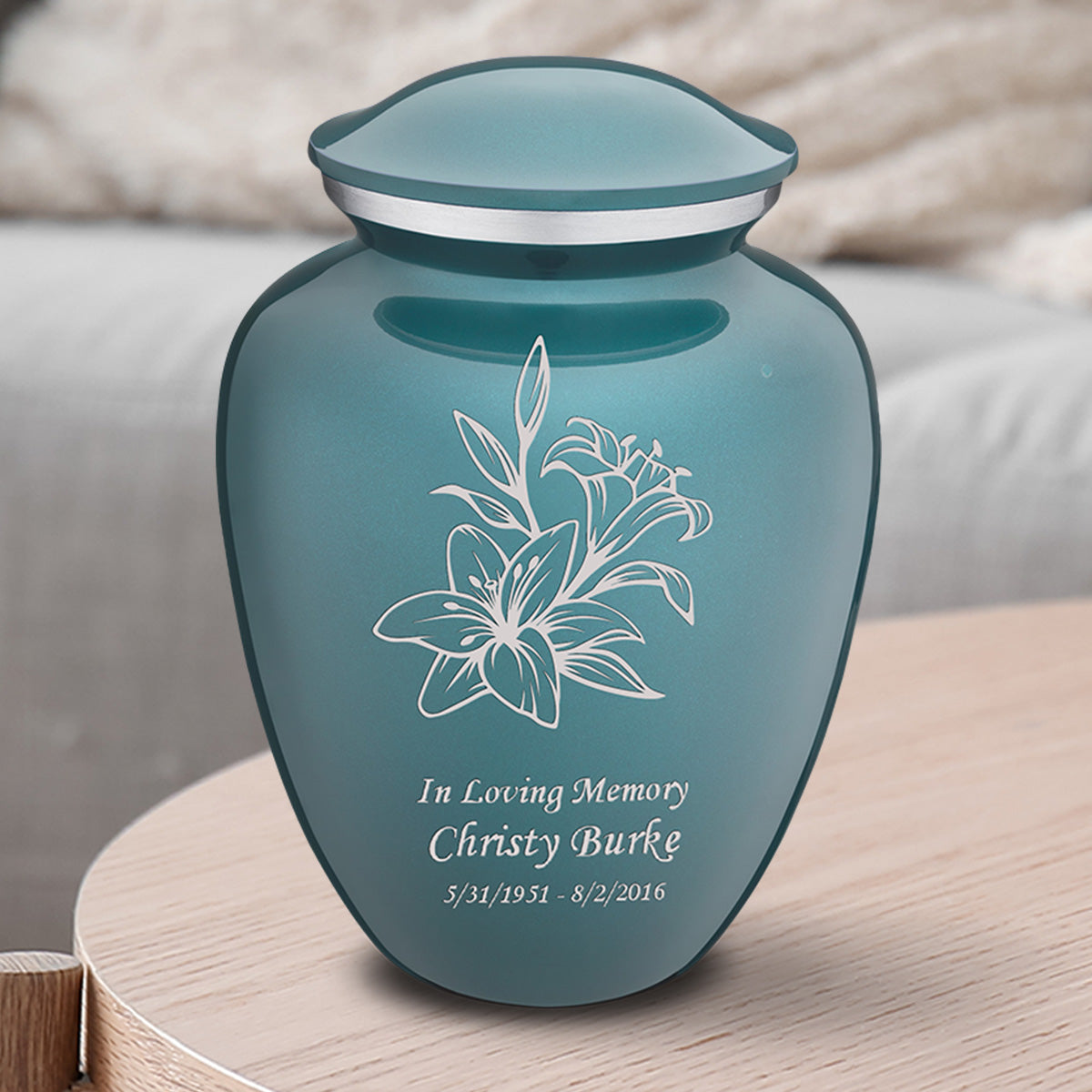 Medium Embrace Teal Lily Cremation Urn
