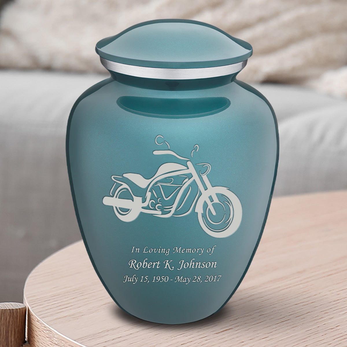 Medium Embrace Teal Motorcycle Cremation Urn