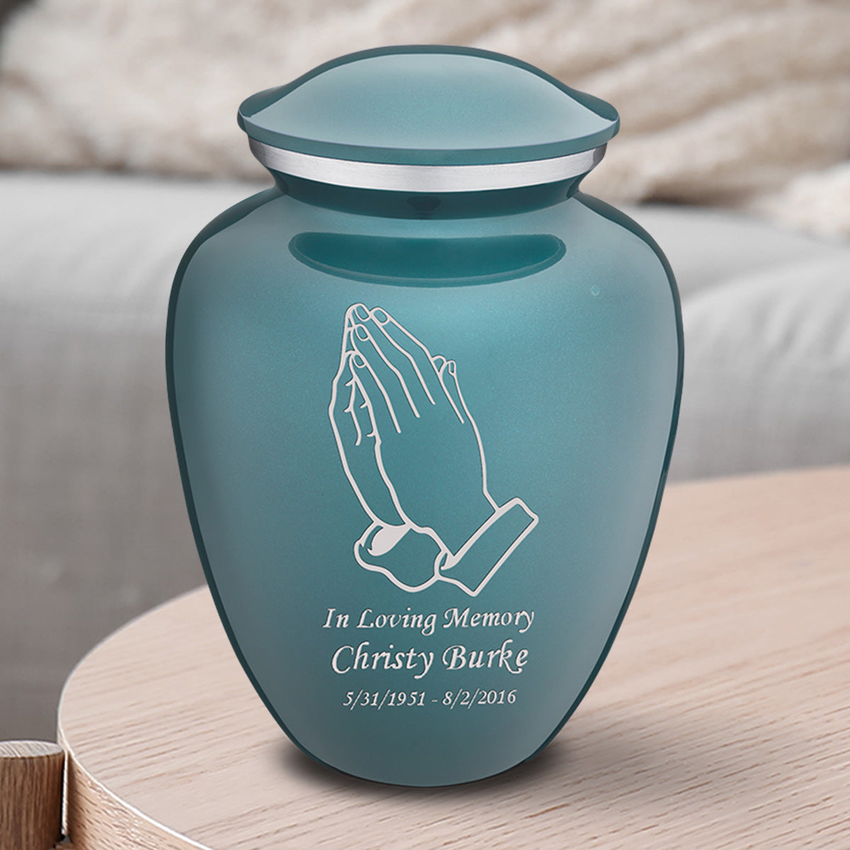 Medium Embrace Teal Praying Hands Cremation Urn
