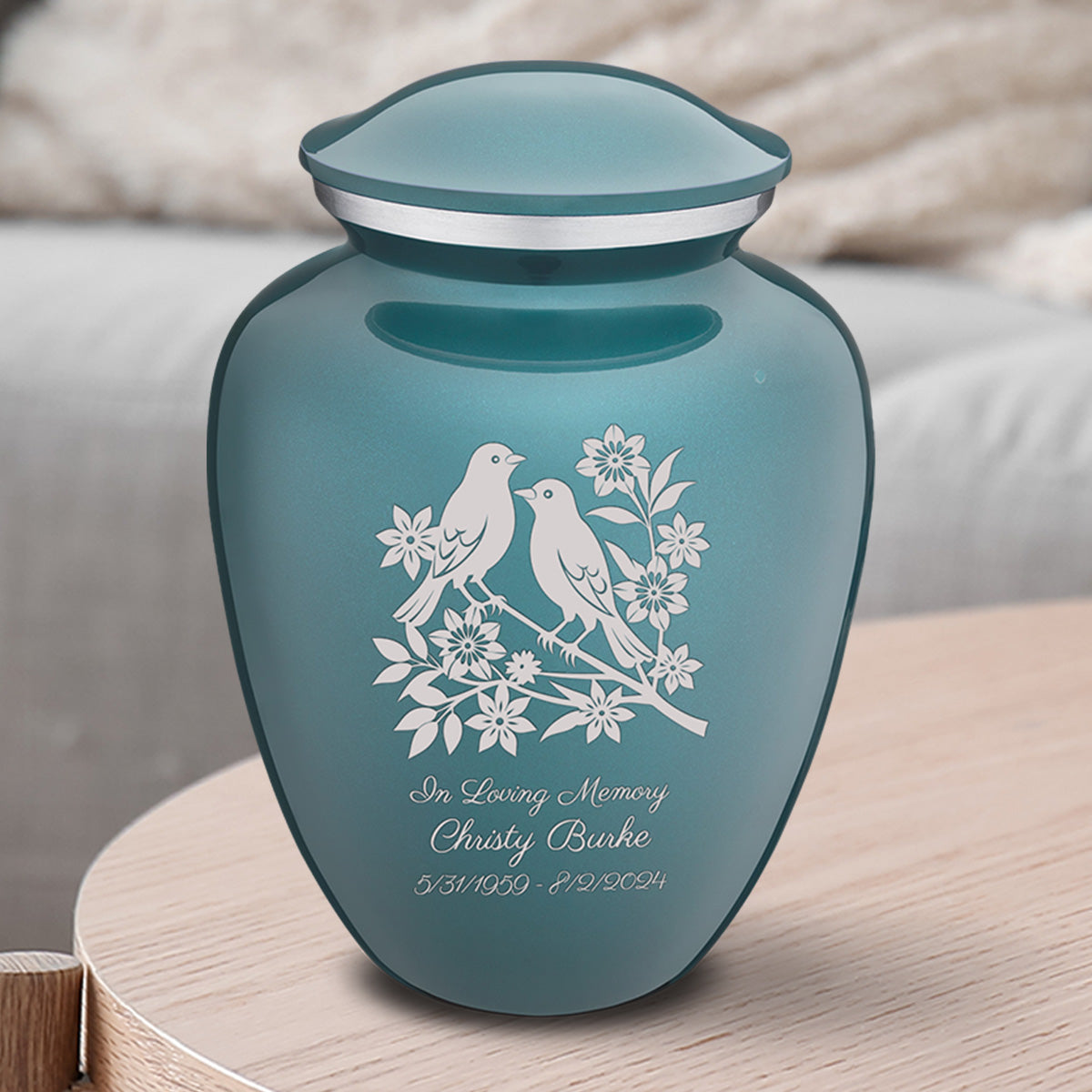 Medium Embrace Teal Songbirds Cremation Urn