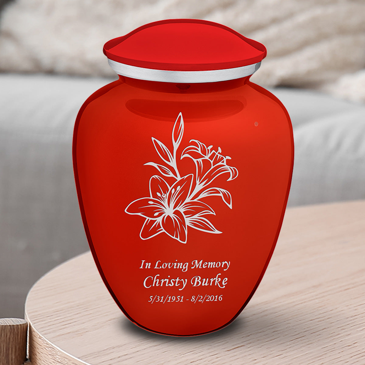 Medium Embrace Bright Red Lily Cremation Urn