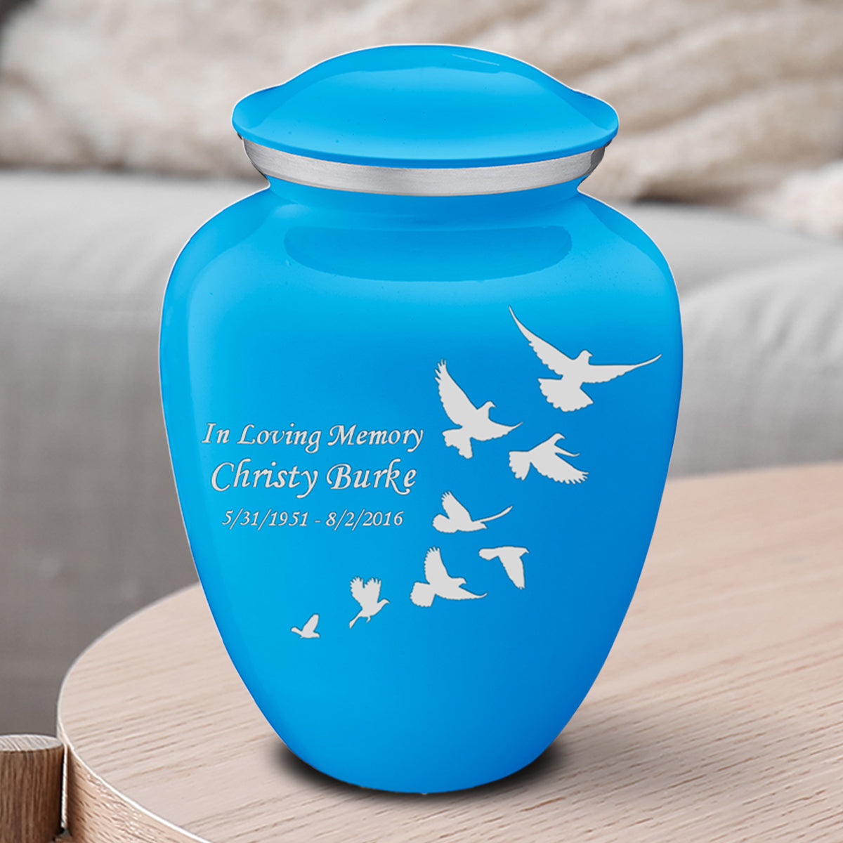 Medium Embrace Racing Blue Doves Cremation Urn