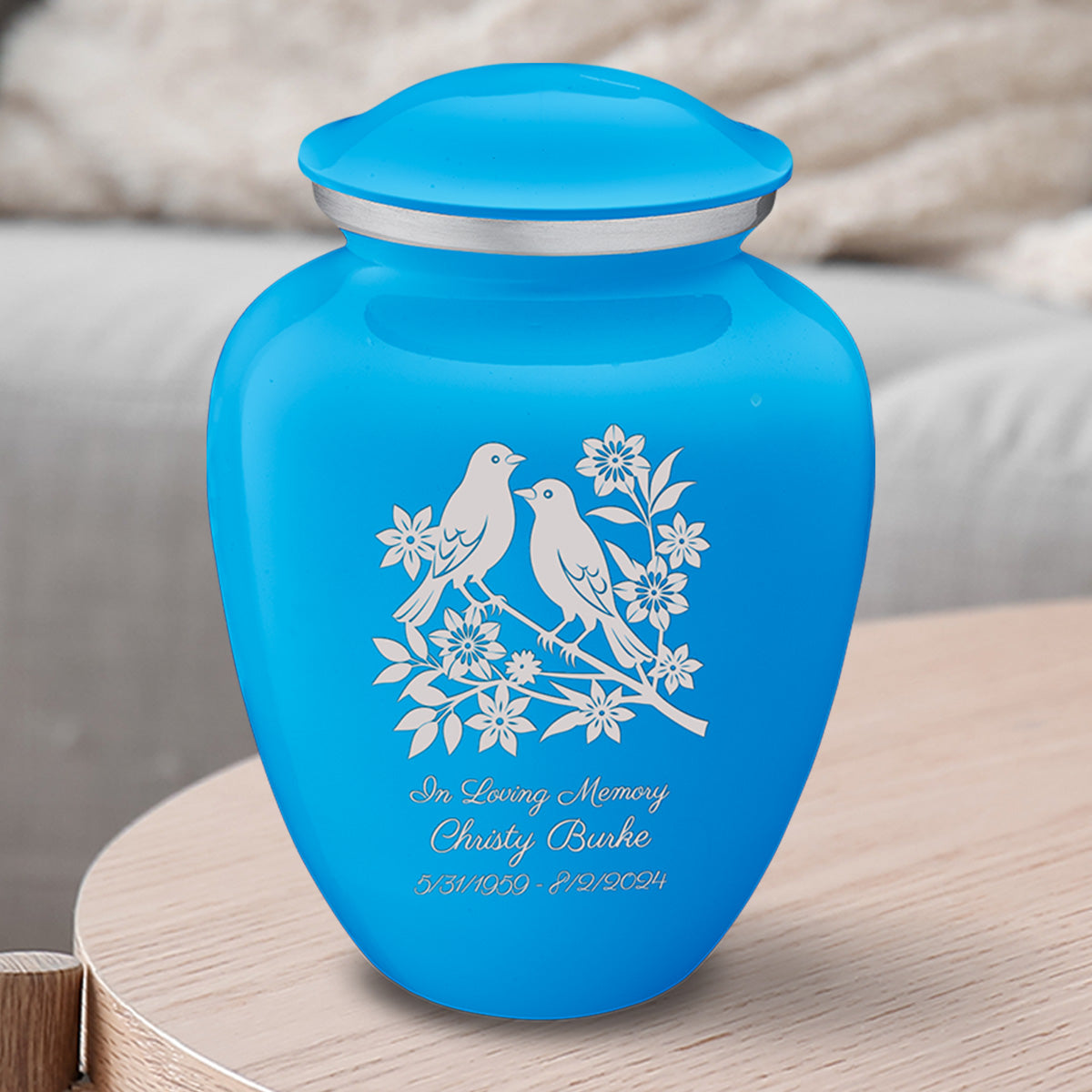 Medium Embrace Racing Blue Songbirds Cremation Urn