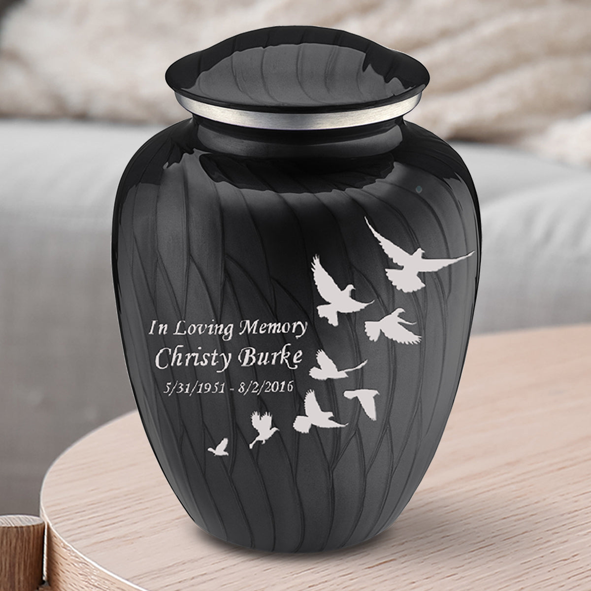 Medium Embrace Pearl Black Doves Cremation Urn