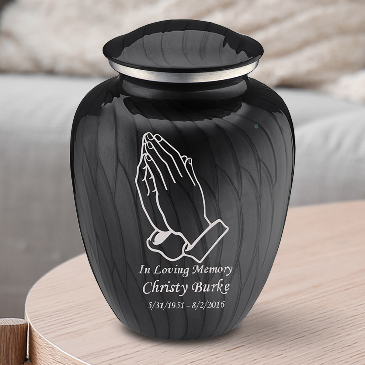 Medium Embrace Pearl Black Praying Hands Cremation Urn