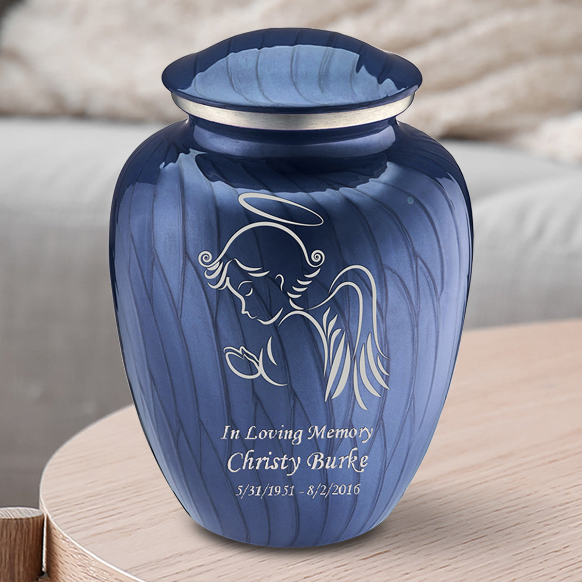 Medium Embrace Pearl Cobalt Blue Angel Cremation Urn