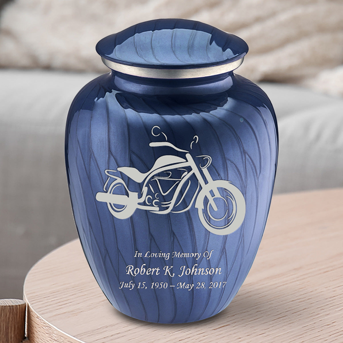 Medium Embrace Pearl Cobalt Blue Motorcycle Cremation Urn