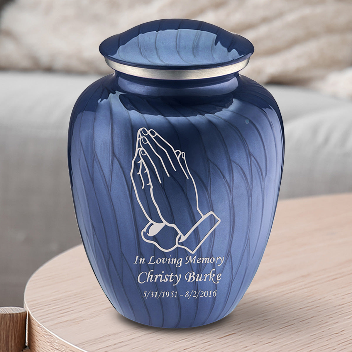 Medium Embrace Pearl Cobalt Blue Praying Hands Cremation Urn