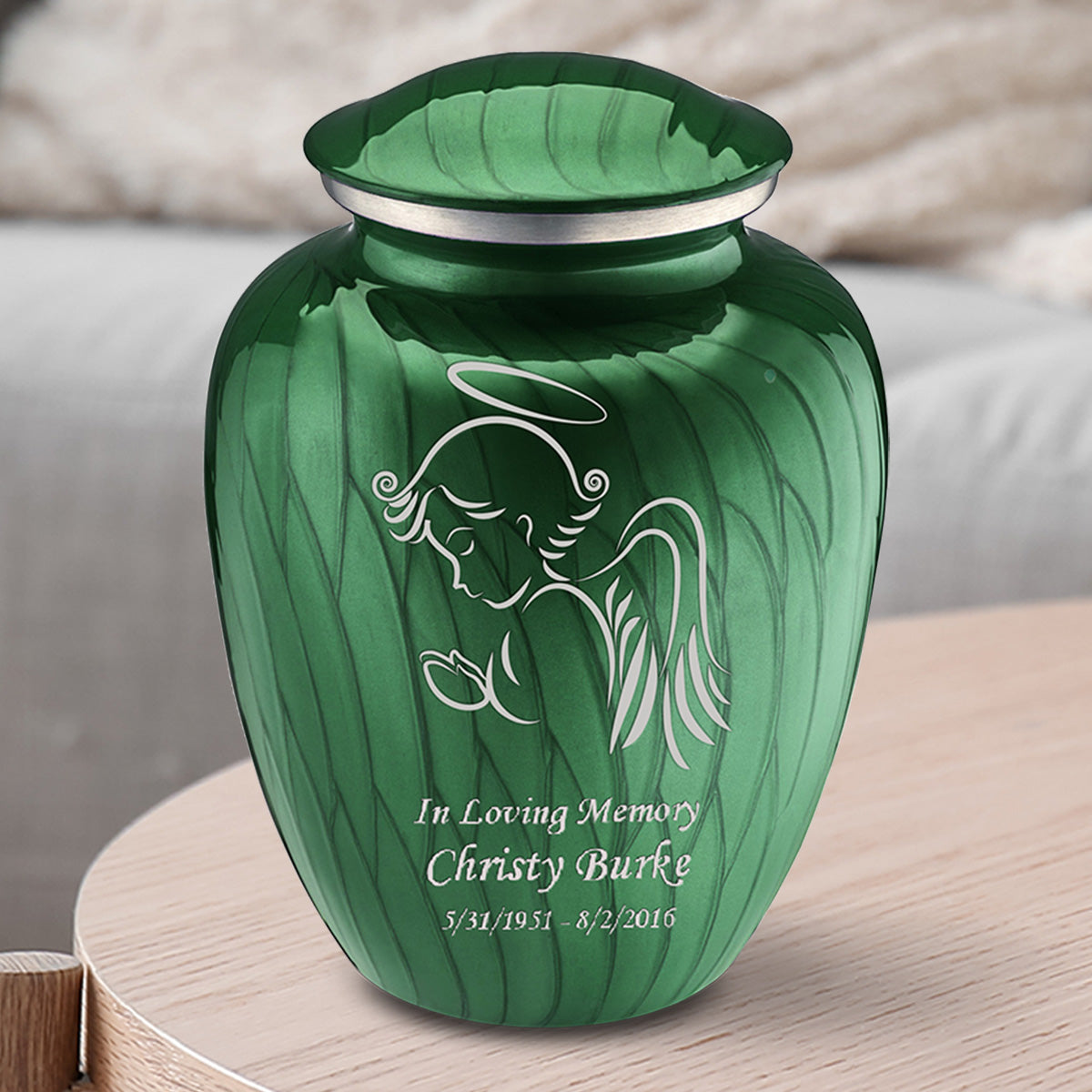 Medium Embrace Pearl Green Angel Cremation Urn